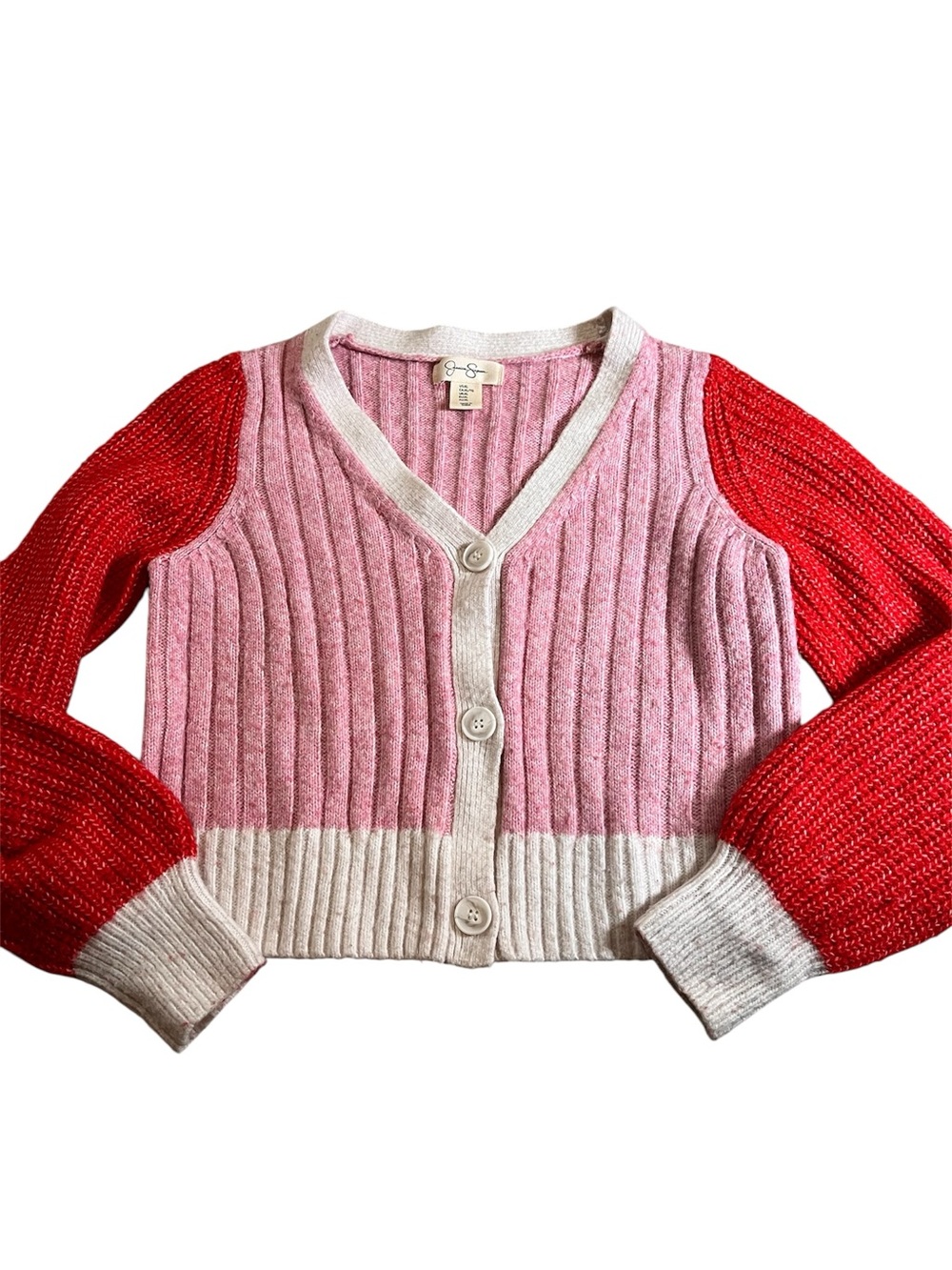 Jessica Simpson Pink, Red & Cream Ribbed V-Neck Cropped Cardigan
XL